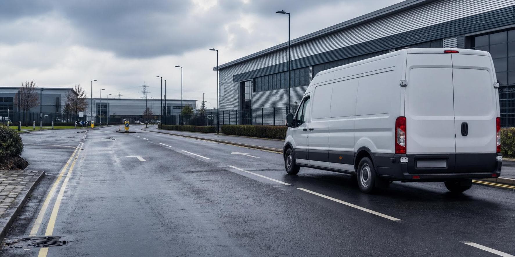 Unbranded courier van travelling through a wet industrial estate road in Basildon.