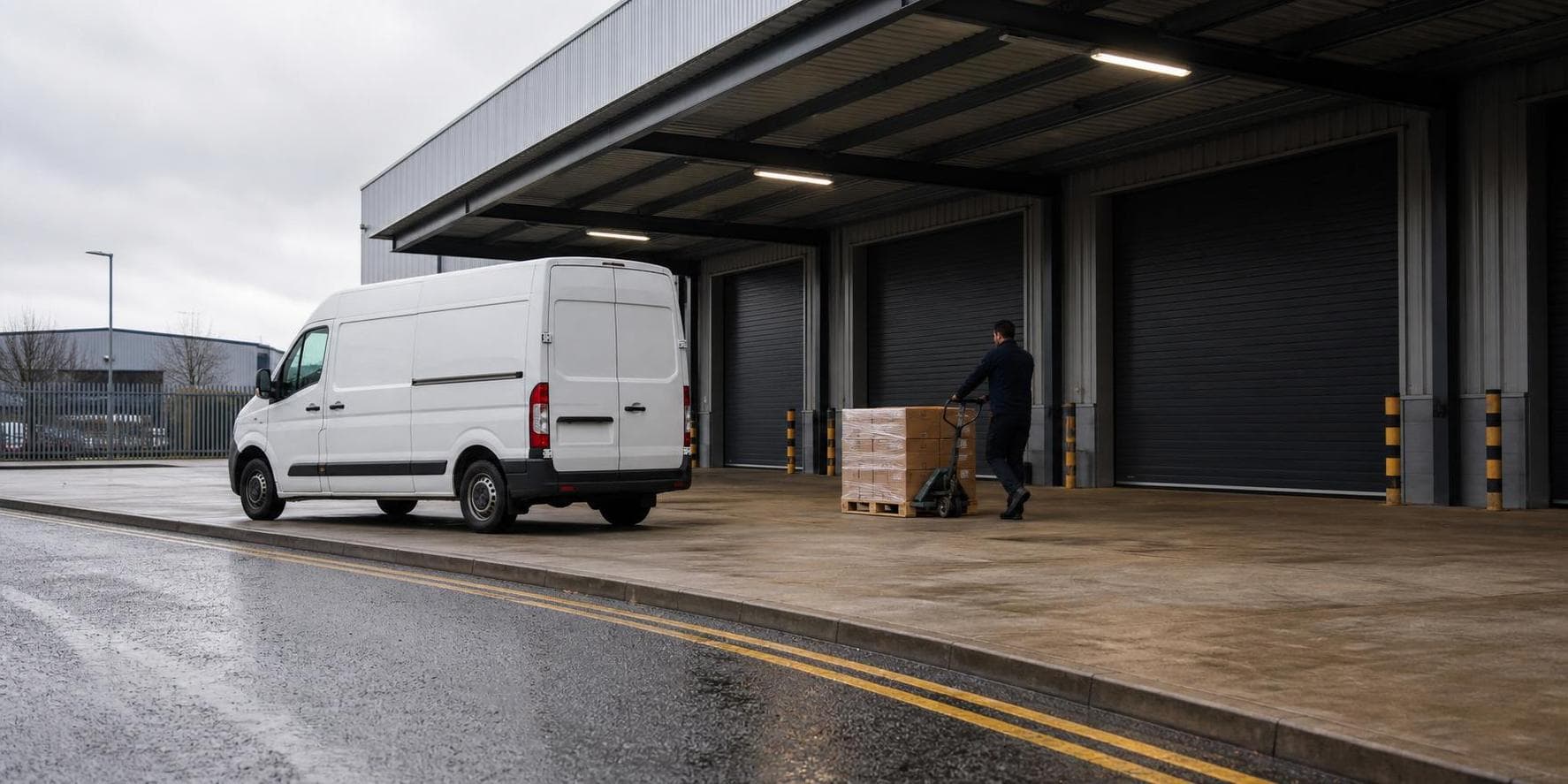 Courier transferring boxed consignments beside an unbranded van at a warehouse bay in Basildon.