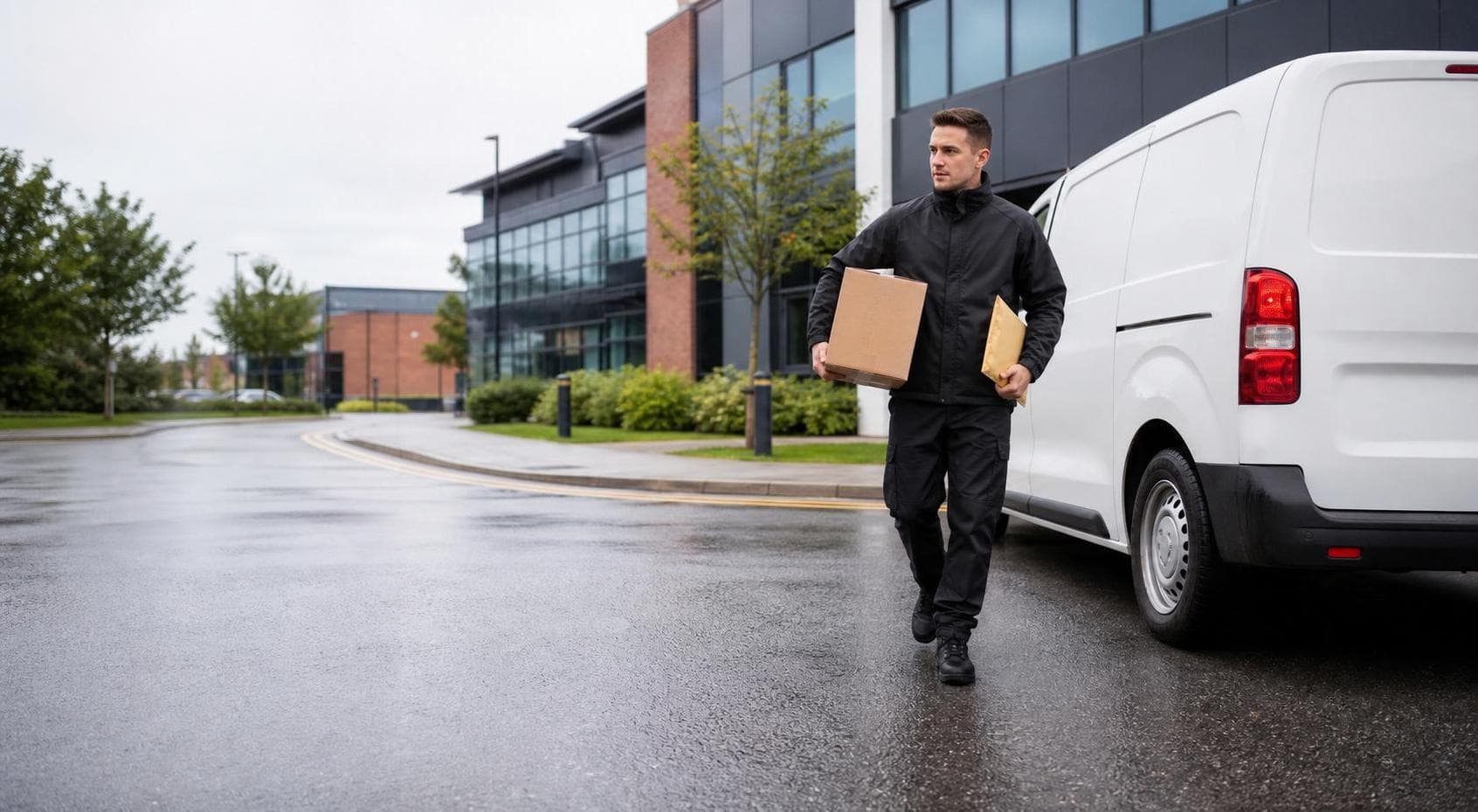 Courier handling a prepared consignment in Boreham, with village services, industrial units and routes beside the A12 corridor forming the local backdrop