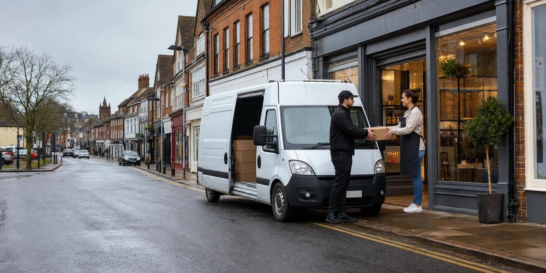 Courier collecting a parcel beside an unbranded van on a wet market-town street in Braintree.