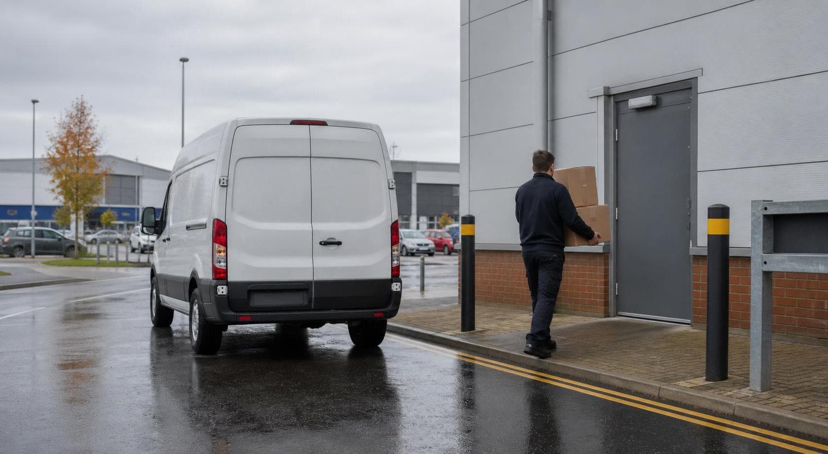 Courier carrying boxes from a white van at a retail park service entrance in Braintree.