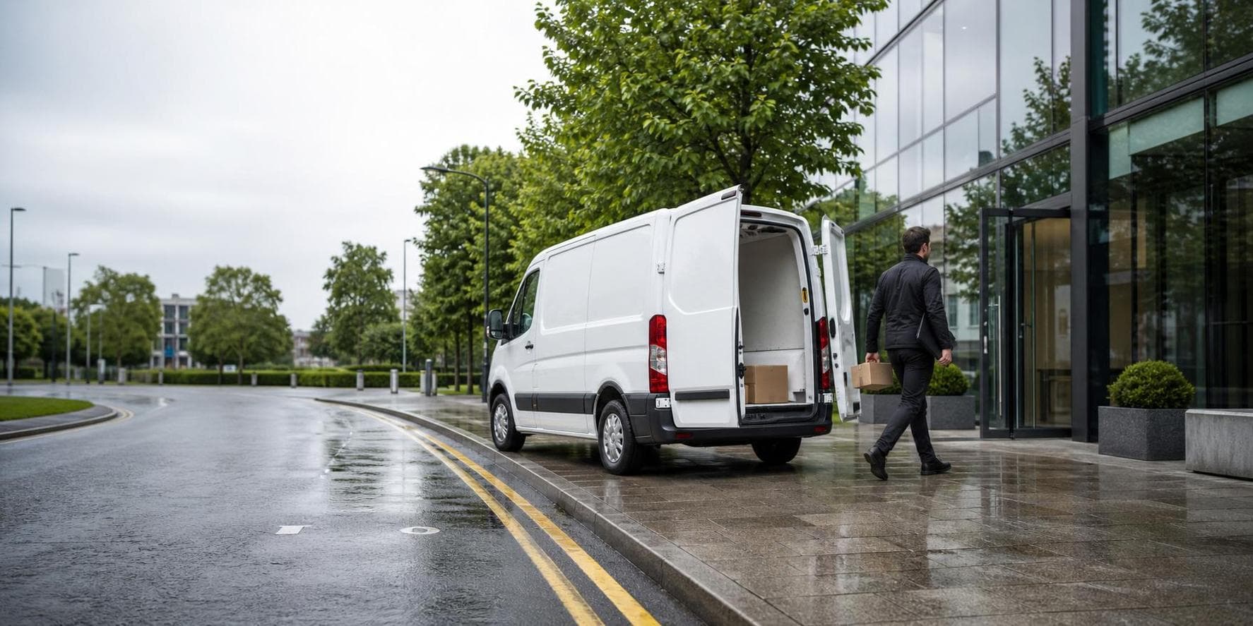 Courier carrying a priority parcel from an unbranded van outside an office street in Brentwood.