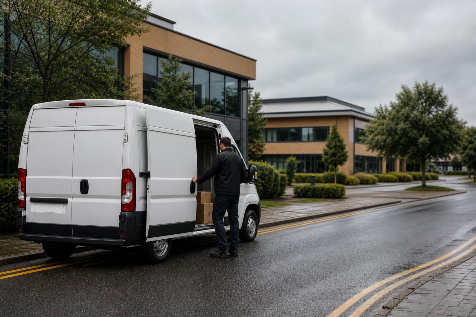 Unbranded courier van parked in a quiet Brentwood business park as a courier closes the side door.