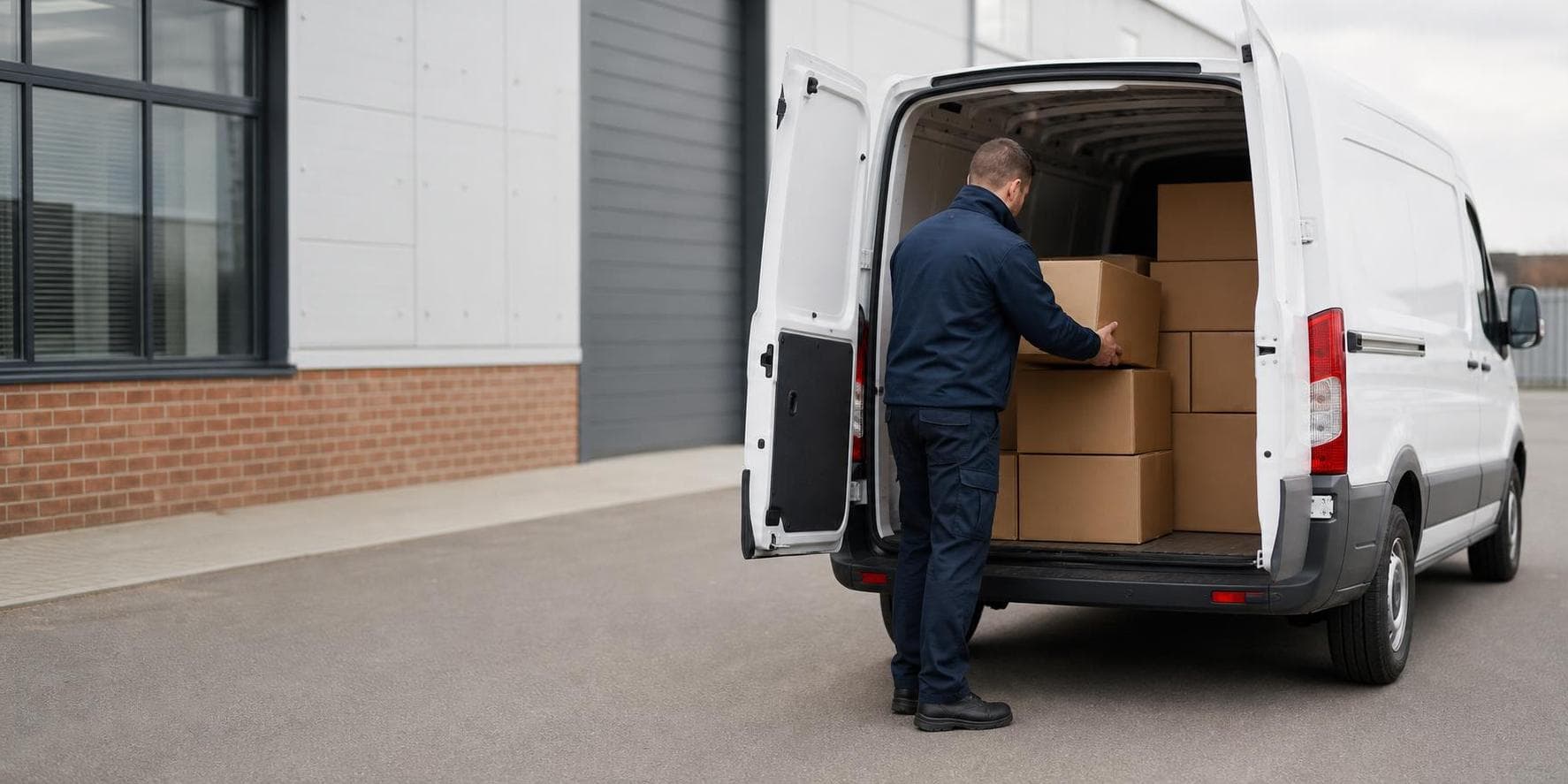 Courier handling a prepared consignment in Broomfield, with healthcare facilities, suburban offices and village-edge homes forming the local backdrop