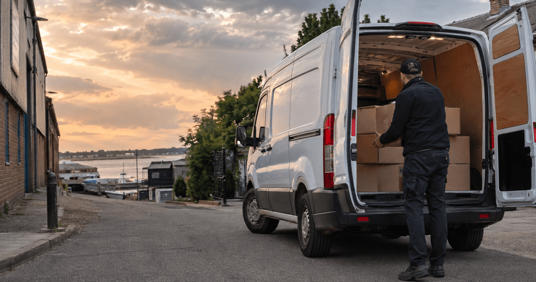 Unbranded courier vehicle ready to leave Burnham-on-Crouch with marine spares, specialist tools and urgent paperwork secured for direct transport