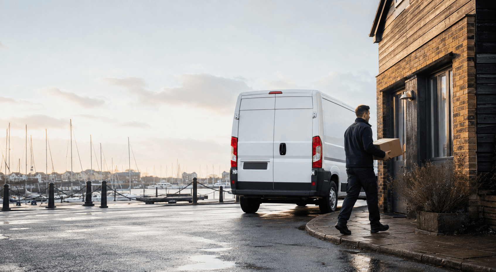 Courier handling a prepared consignment in Burnham-on-Crouch, with marina businesses, local workshops and rural-edge properties forming the local backdrop