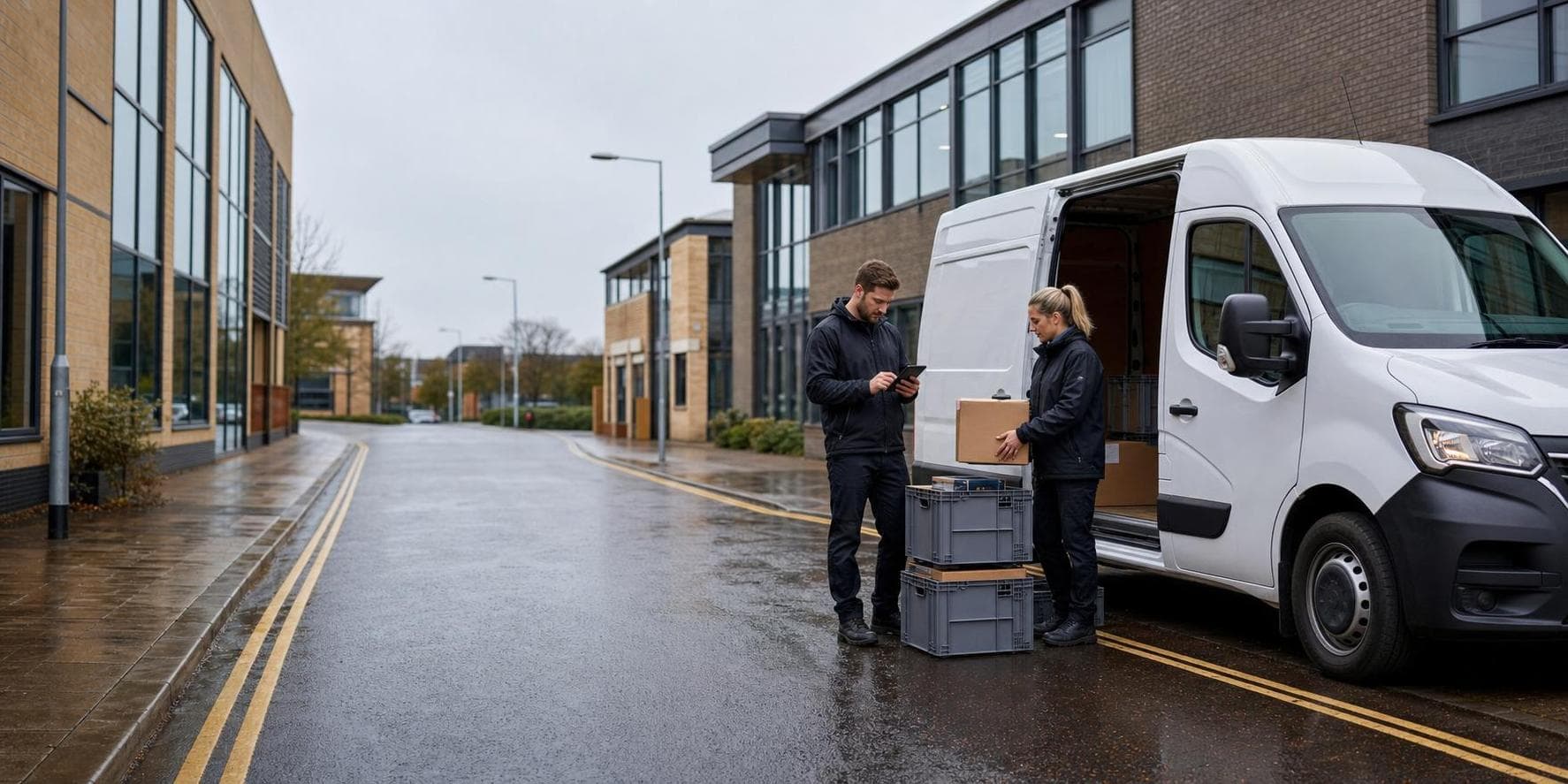 Unbranded courier van and staff preparing parcels outside a modern Chelmsford business district on a wet UK street.