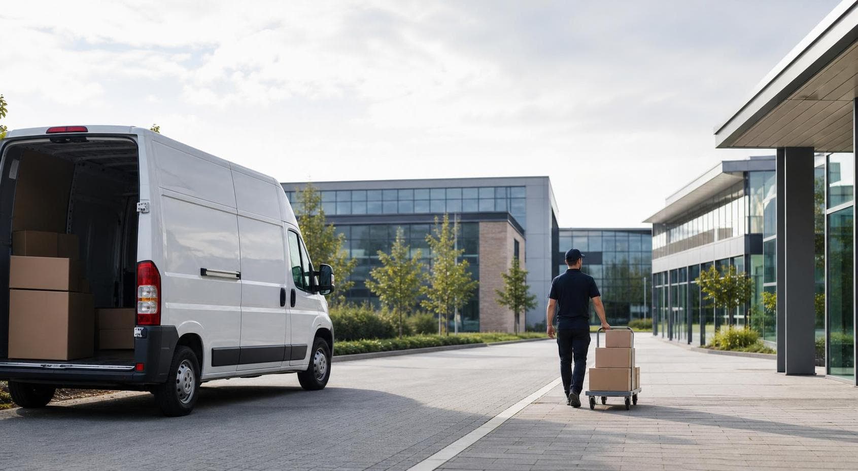 Unbranded courier vehicle ready to leave Galleywood with retail packets, contractor tools and office files secured for direct transport