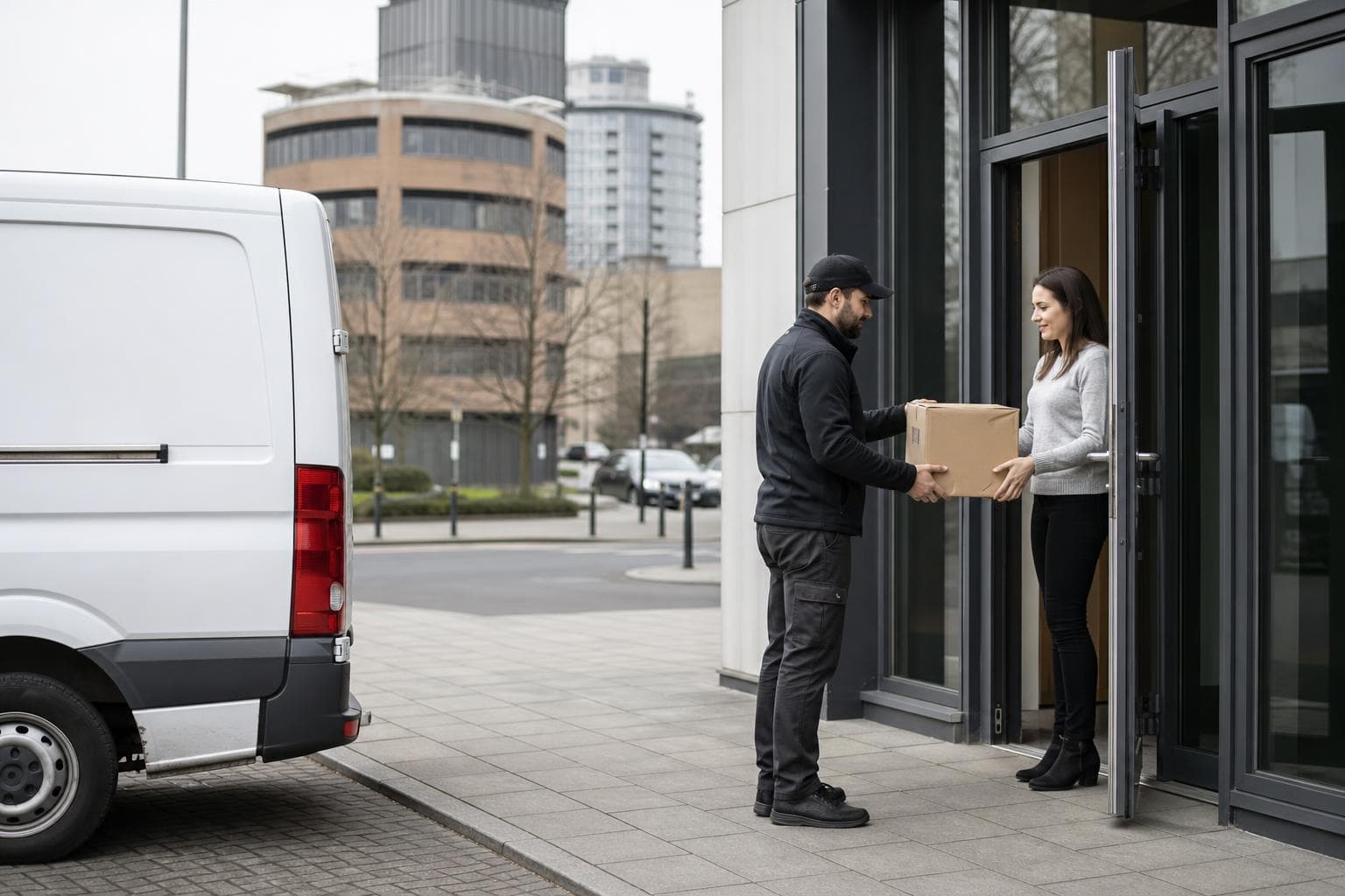 Courier handling a prepared consignment in Galleywood, with residential streets, local shops and nearby commercial premises forming the local backdrop