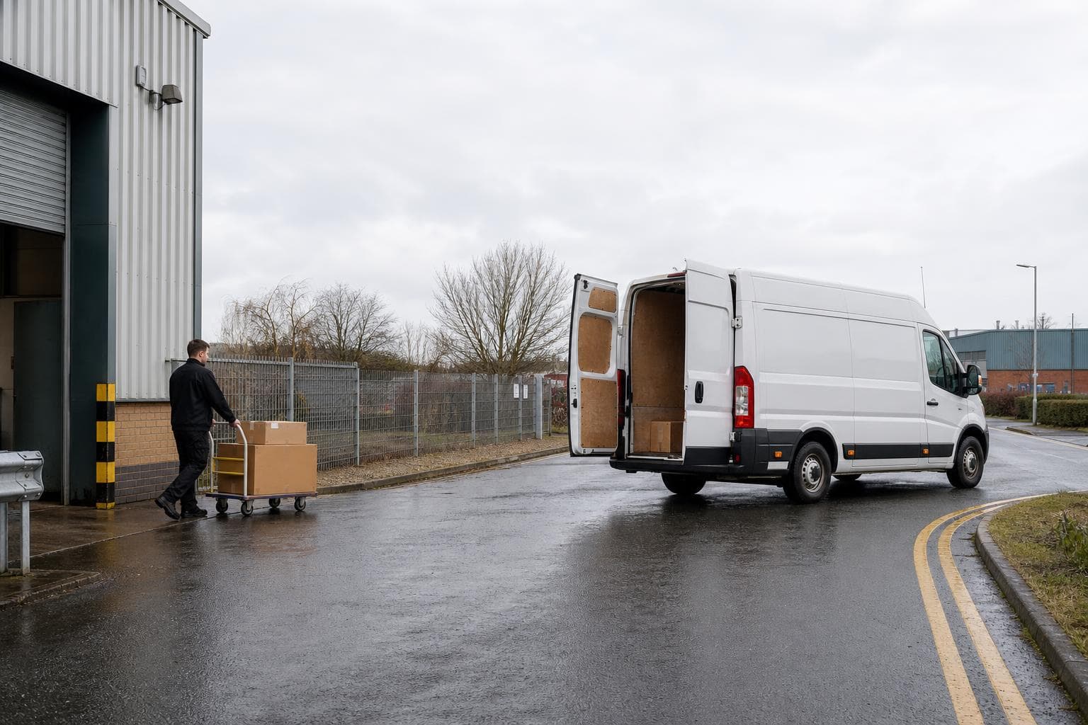 Unbranded courier vehicle ready to leave Great Baddow with education packs, pharmacy goods and business paperwork secured for direct transport