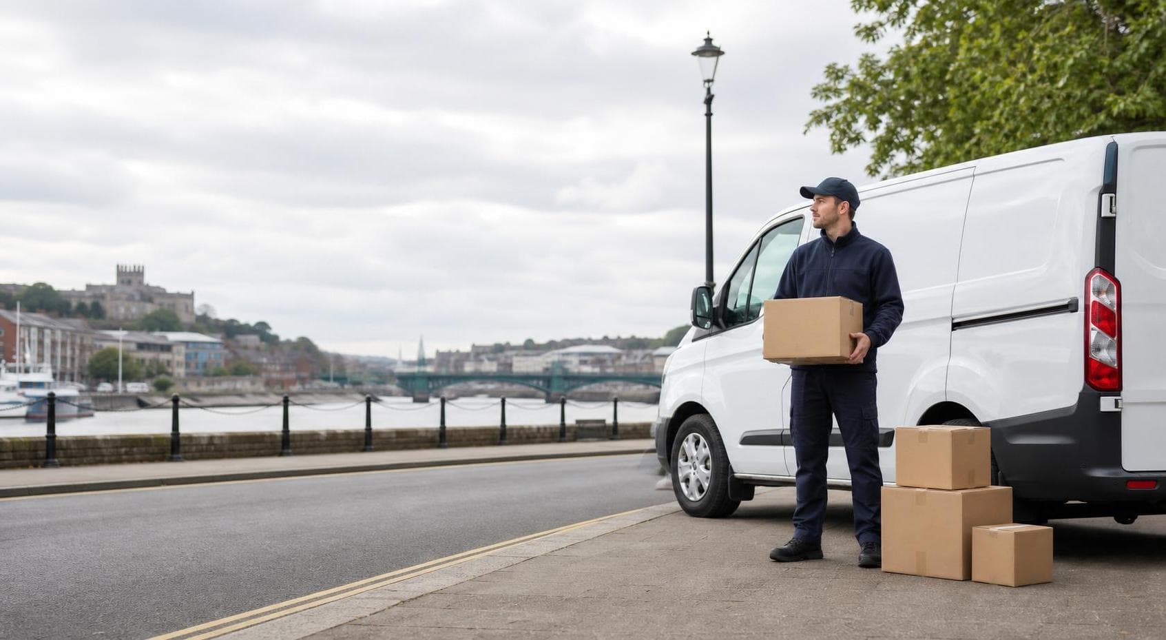 Courier handling a prepared consignment in Great Baddow, with large residential districts with schools and local enterprises forming the local backdrop