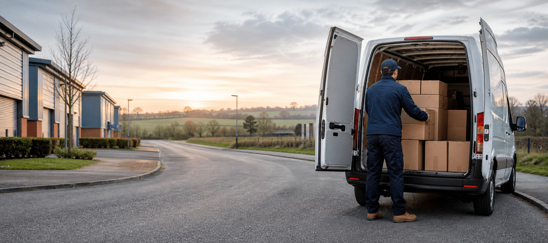 Unbranded courier vehicle ready to leave Great Dunmow with engineering pieces, professional documents and boxed products secured for direct transport