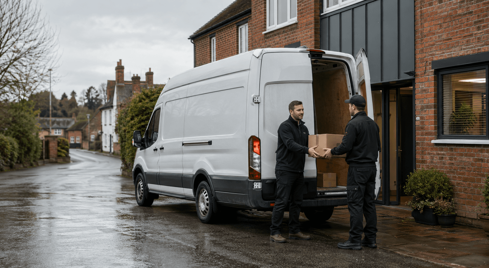 Courier handling a prepared consignment in Great Dunmow, with market-town firms, business estates and countryside enterprises forming the local backdrop