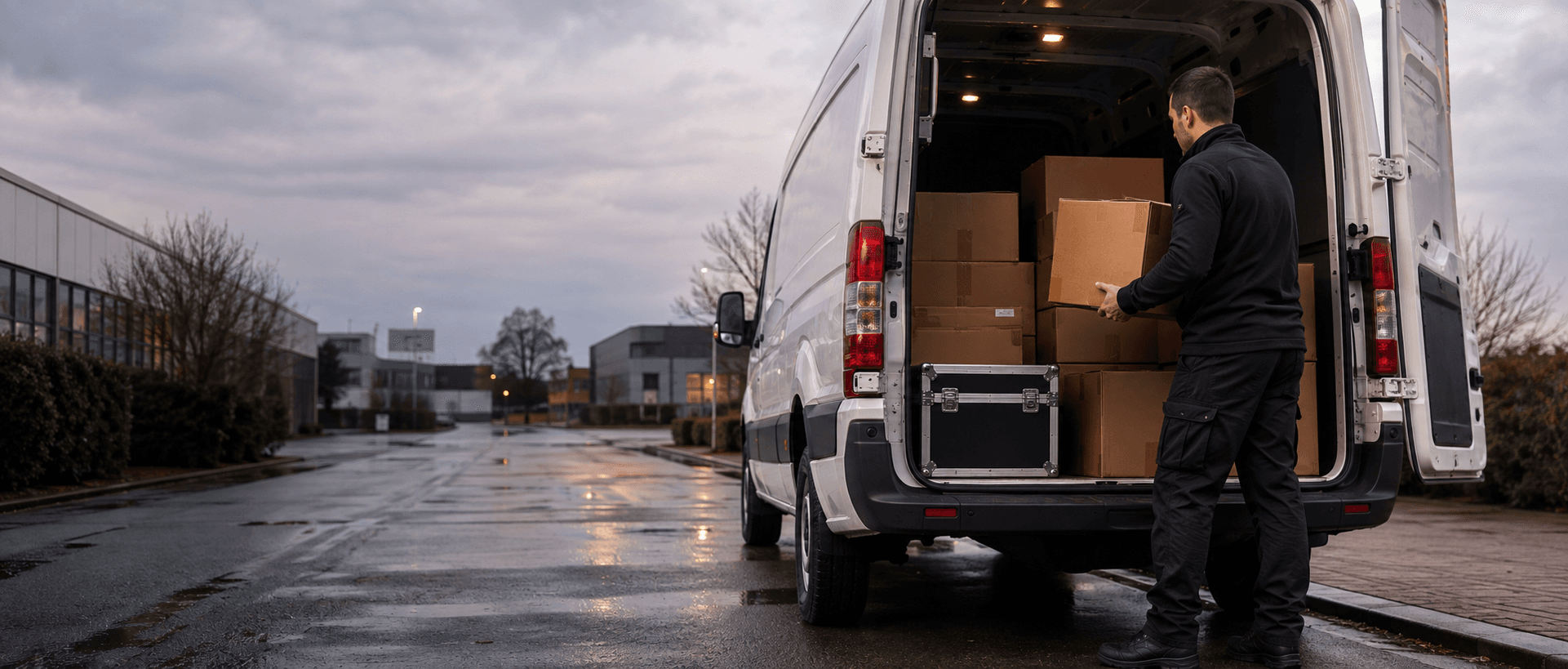 Unbranded courier vehicle ready to leave Harlow with manufacturing parts, healthcare supplies and commercial cartons secured for direct transport