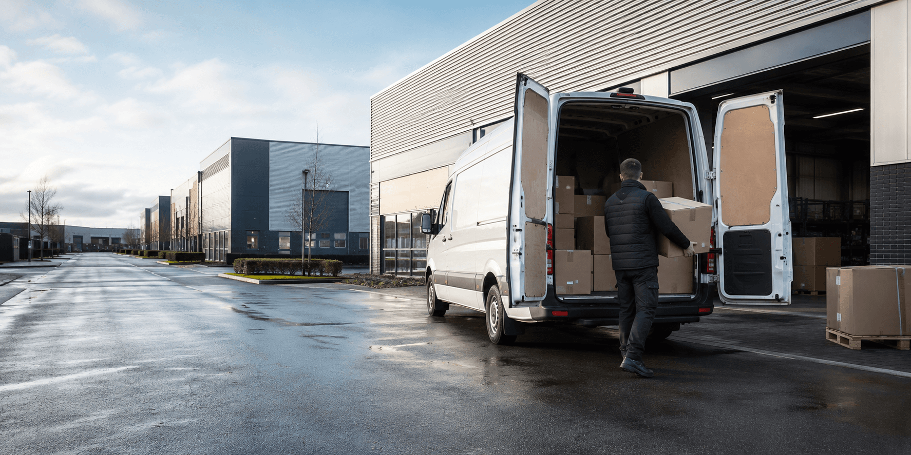 Courier handling a prepared consignment in Harlow, with extensive industrial estates, offices and planned residential districts forming the local backdrop