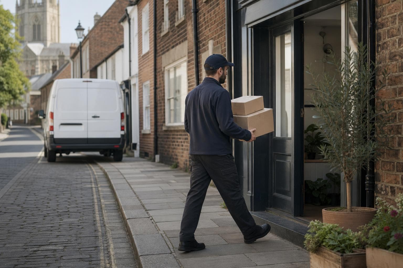Courier handling a prepared consignment in Hatfield Peverel, with village businesses, workshops and residential roads near key routes forming the local backdrop