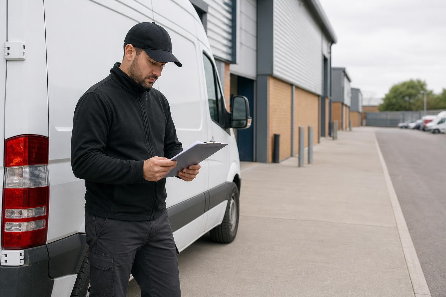 Courier handling a prepared consignment in Rayleigh, with high-street firms, trade estates and commuter neighbourhoods forming the local backdrop