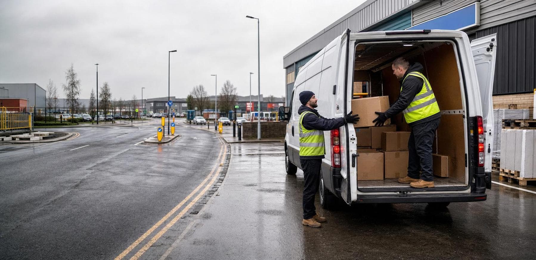 Courier handling a prepared consignment in Rochford, with airport-linked commerce, market-town services and nearby workshops forming the local backdrop