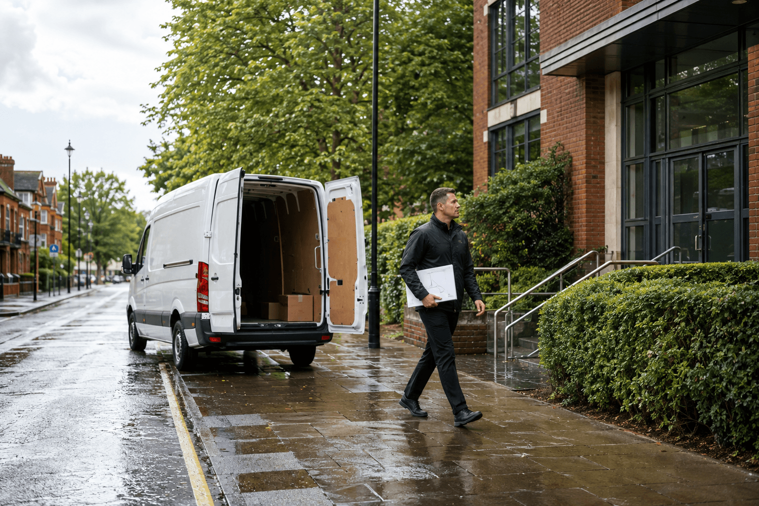 Courier handling a prepared consignment in Shenfield, with professional offices, rail-side commerce and leafy residential roads forming the local backdrop