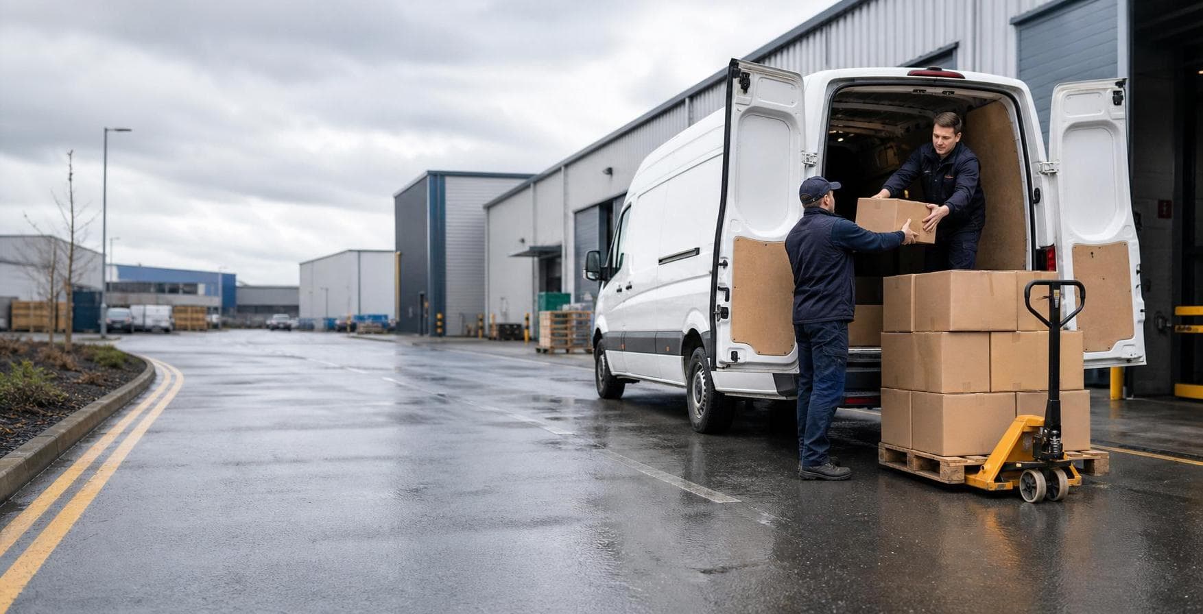 Courier handling a prepared consignment in South Woodham Ferrers, with riverside neighbourhoods, local industry and town services forming the local backdrop