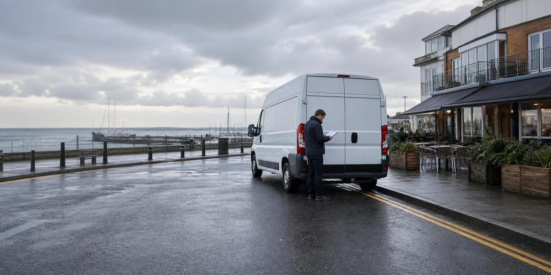 Courier driver beside a white van checking delivery details near a coastal commercial stretch in Southend-on-Sea.