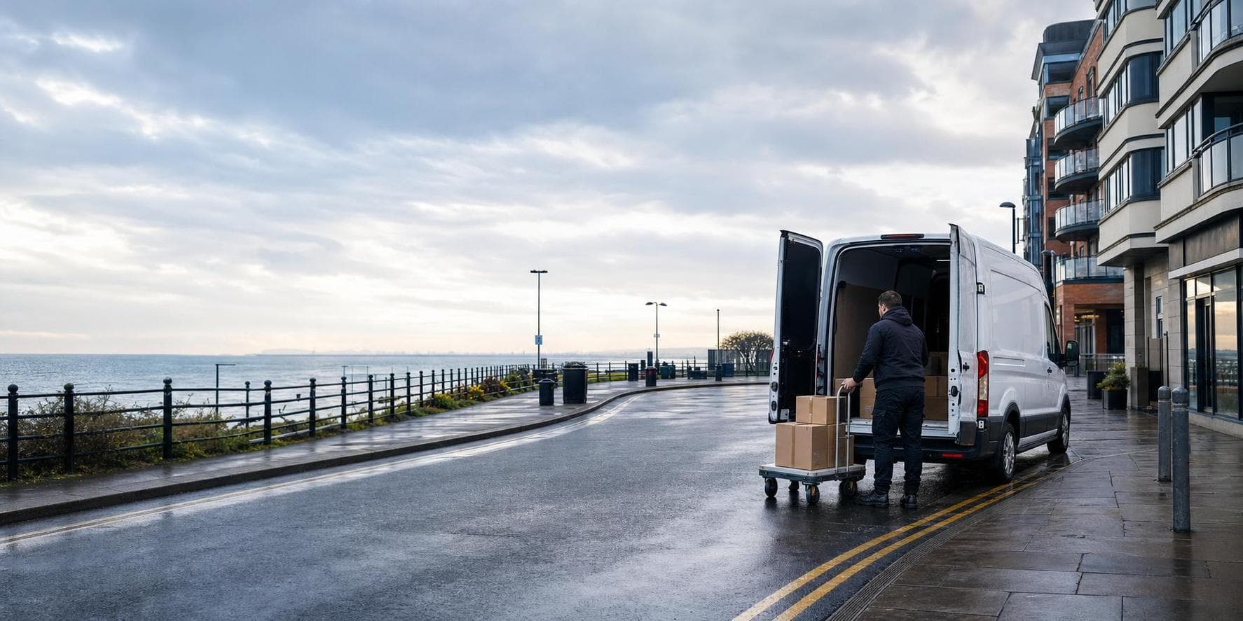 Courier unloading parcels from an unbranded van on a wet coastal road in Southend-on-Sea.