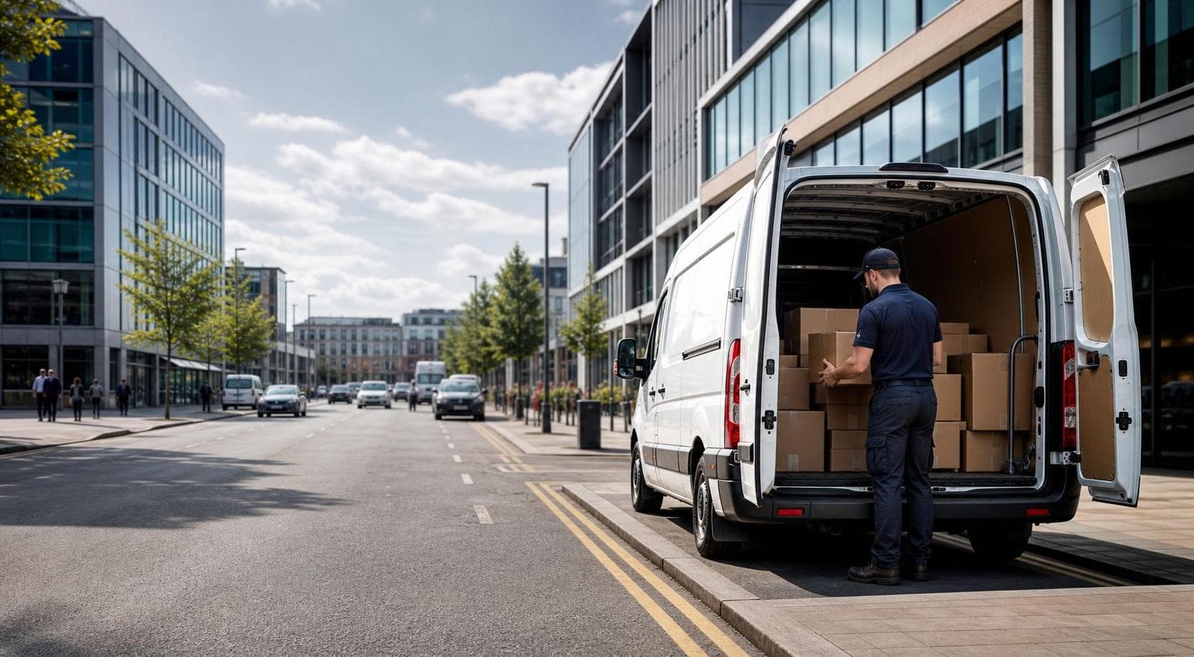 Unbranded courier vehicle ready to leave Springfield with store orders, office supplies and urgent replacement parts secured for direct transport