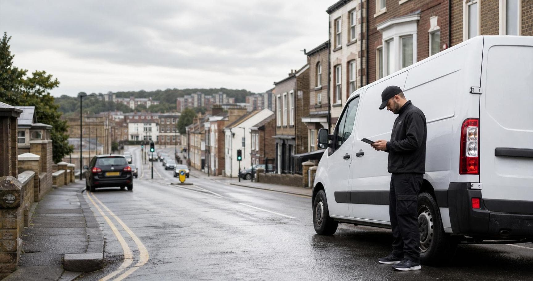 Courier handling a prepared consignment in Springfield, with business parks, retail premises and established housing forming the local backdrop