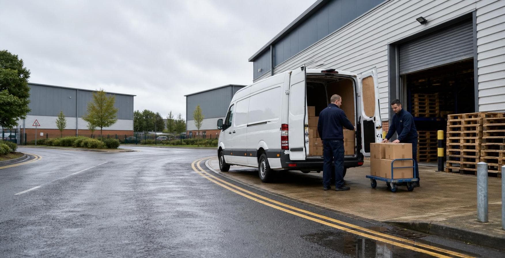 Courier van being loaded with parcels at a tidy warehouse bay on a wet British industrial estate.