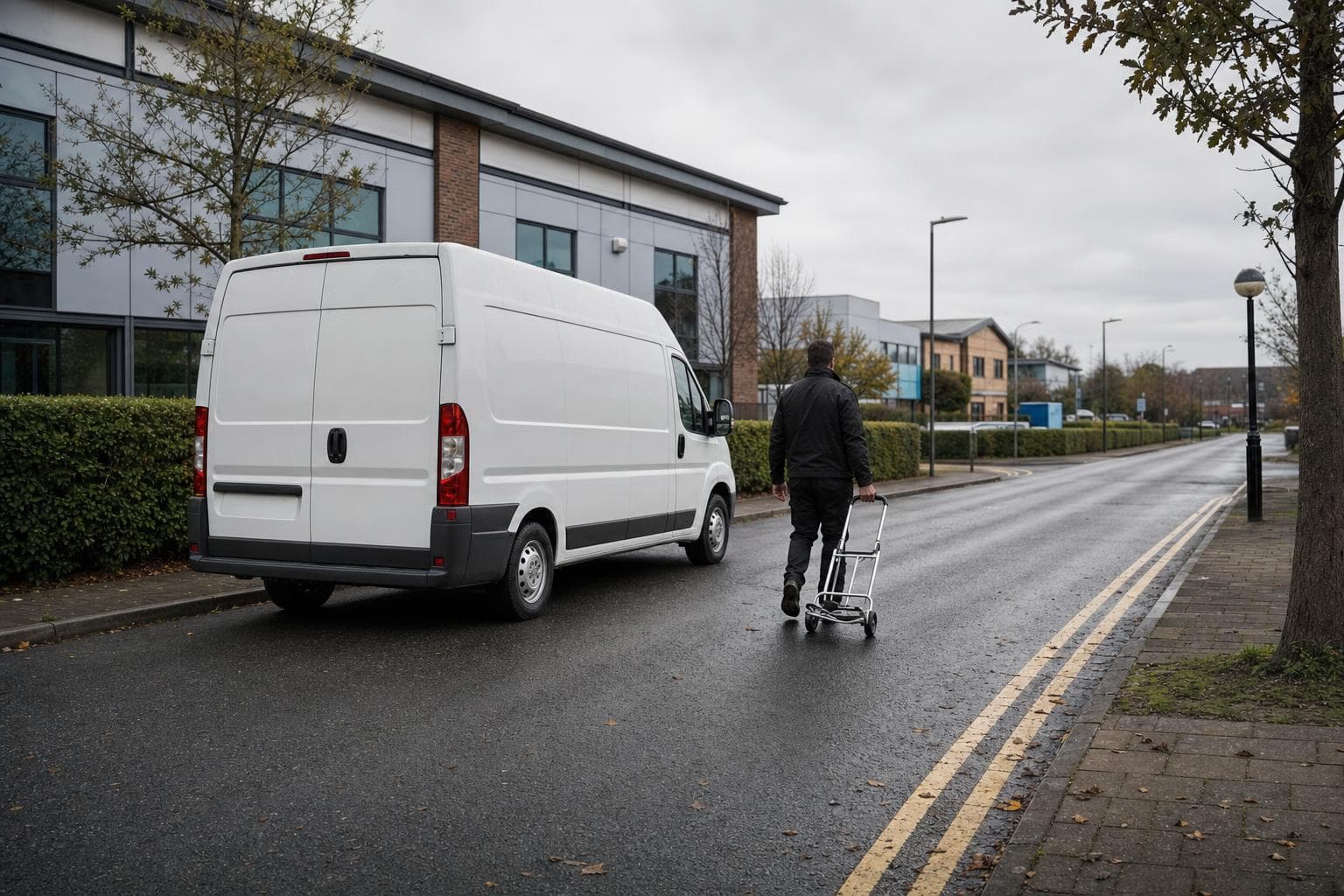 Courier returning to a parked white van on a wet side street near local commercial units in Wickford.