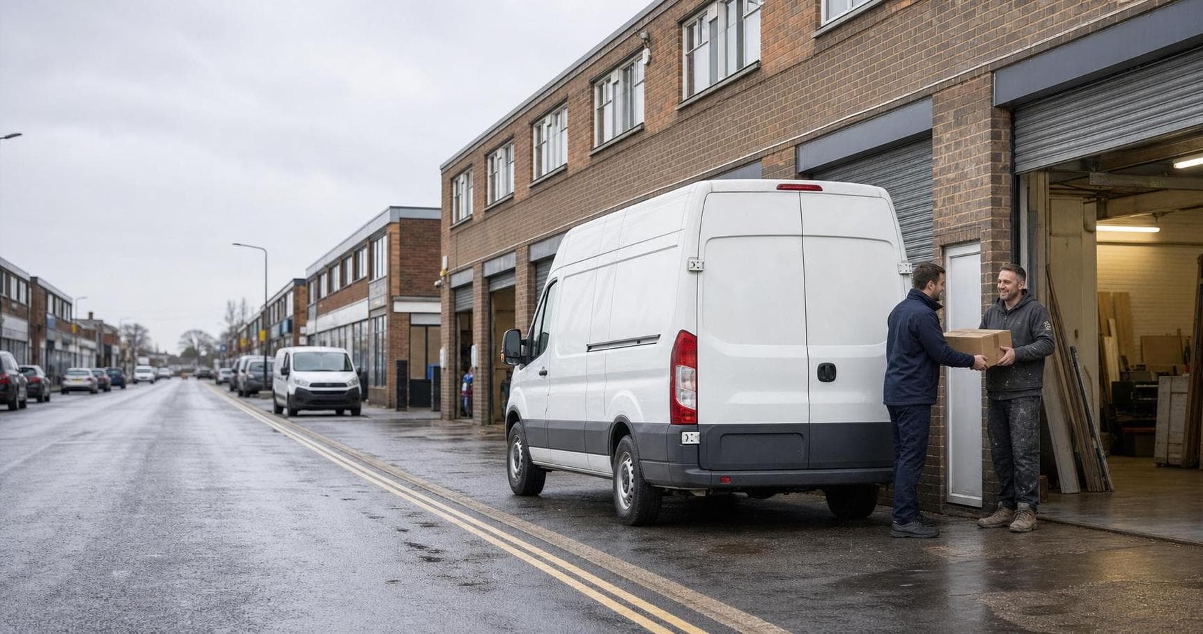 Courier handing over a parcel outside small trade units on a wet suburban street in Wickford.
