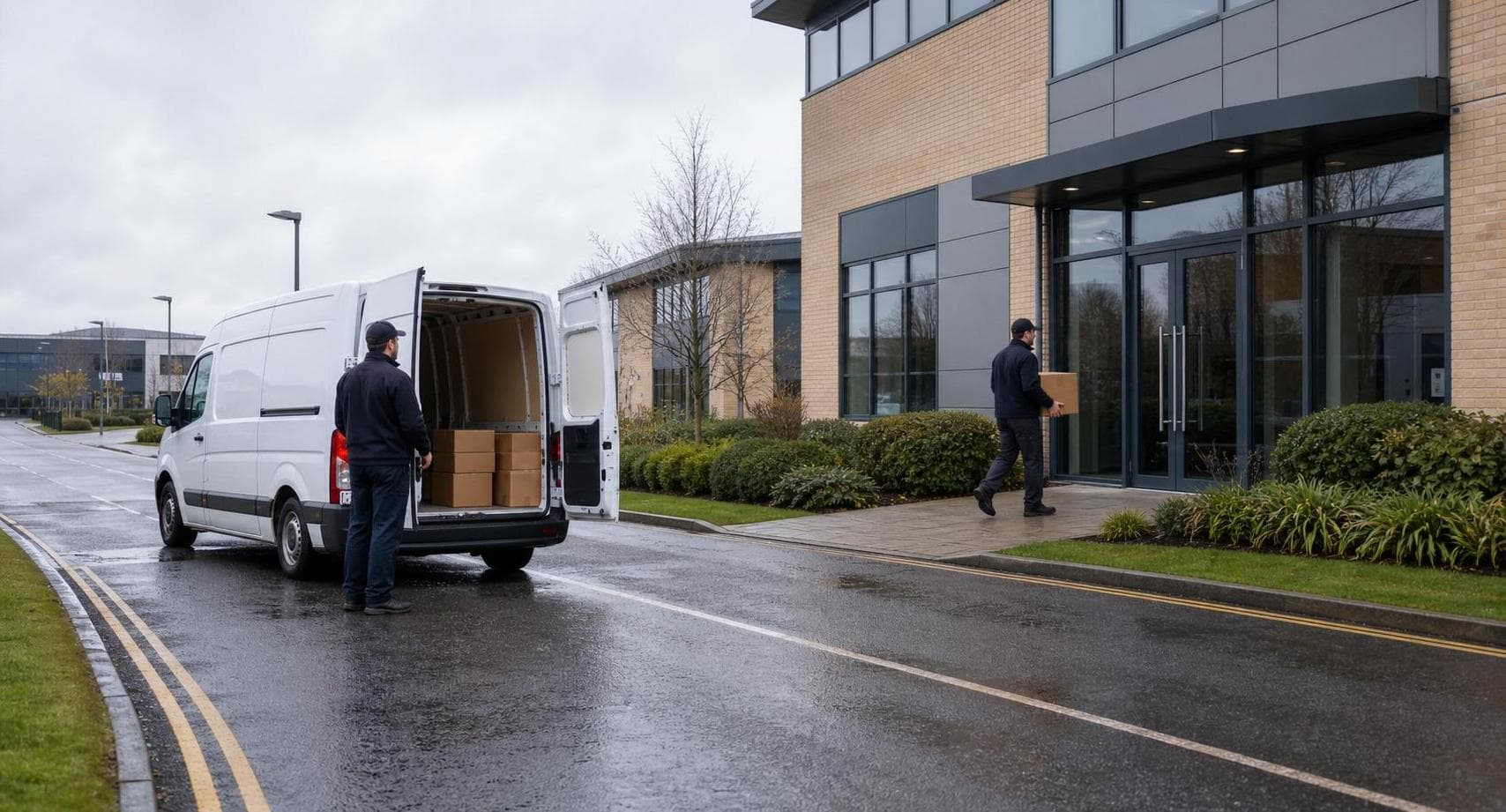 Courier delivering a parcel from a white van outside a modern office park in Witham.