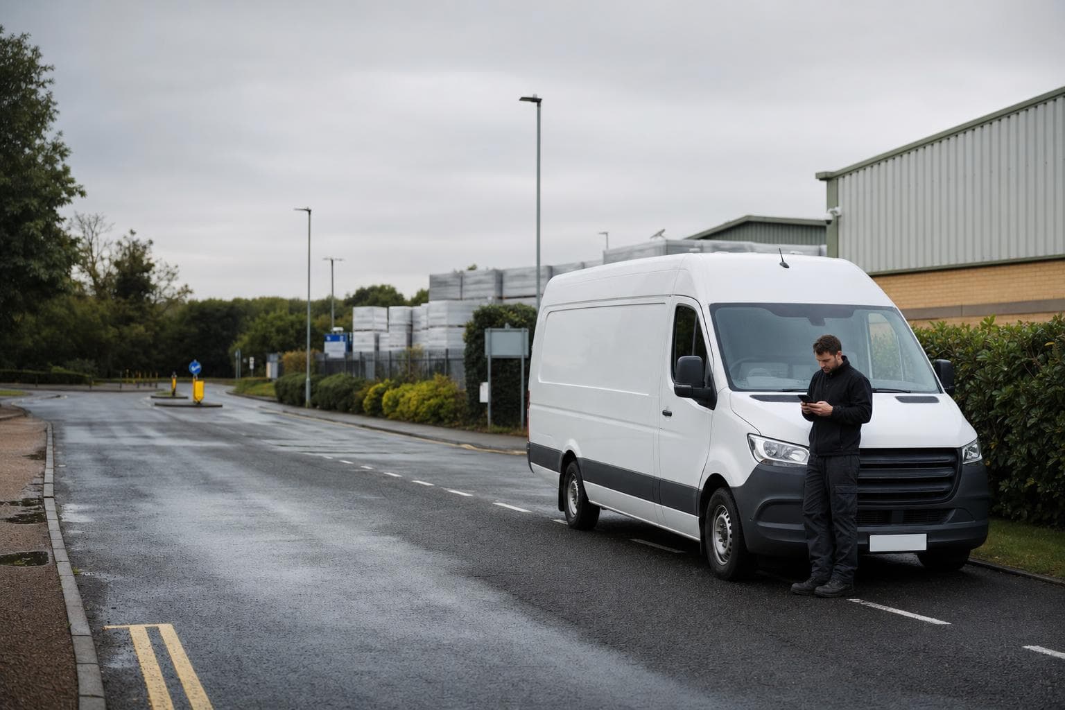 Courier driver beside an unbranded van checking dispatch details near business units in Witham.