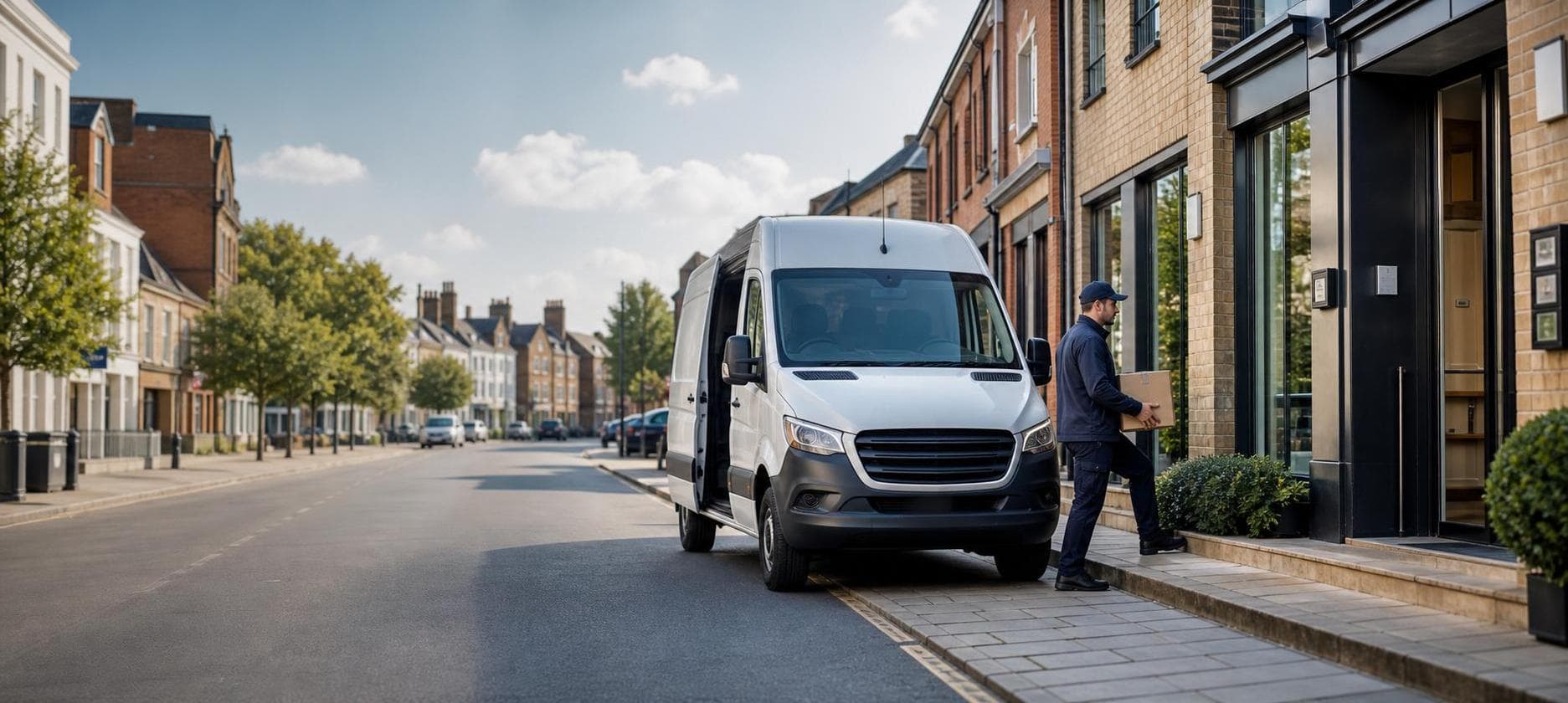 Courier handling a prepared consignment in Writtle, with village businesses, education sites and rural-edge properties forming the local backdrop